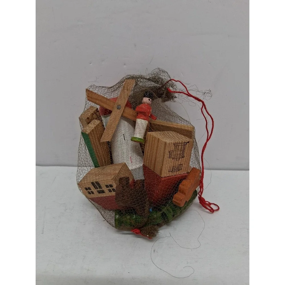 Vintage Miniature Wooden Building Blocks Set Village Windmill Nutcracker Bag